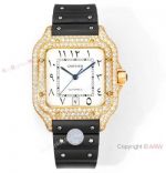 Ice Out Cartier Santos THB Factory Automatic Copy Watch Gold-Black Rubber Strap